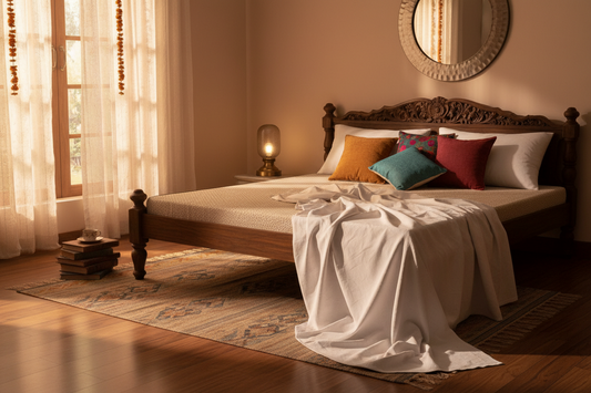 Old worn bed sheet on a mattress — signs it is time to replace after Indian summer